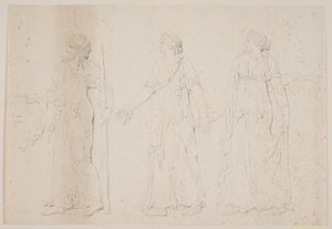Offering (?) Three Figures in Greek Garments. In Front, a Man Carrying an Amphora and a Staff or Torch, Followed by Two Women by Jacques Francois Joseph Saly