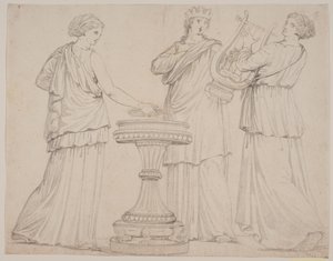 Three Women in Greek Garments at an Altar. Woman on the left with a tablet (?), in the middle with a crown, on the right with a lyre (Terpsichore?) by Jacques Francois Joseph Saly
