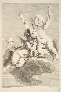 Two Cupids, One Holding Torches by Jacques Gabriel Huquier