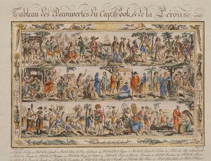 The Discoveries of James Cook and Jean Francois de Galaup Comte de Laperouse in the 18th century, coloured engraving