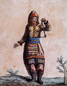 Woman of Hudson Bay in traditional costume, color engraving from Encyclopedia of voyages