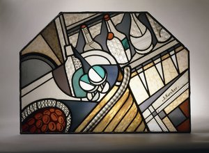 An Art Deco stained glass panel depicting a cocktail bar