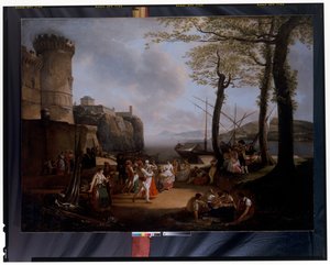 La Tarantelle: An Evening Coastal Landscape with Neapolitan Peasants Dancing the Tarantella