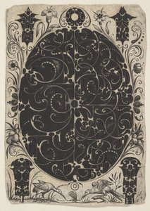 Oval Case Decorated with Schweifwerk in Two Variants, Surrounded by Smaller Motifs, ca. 1614-19