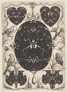 Oval Pendant Decorated with Schweifwerk, Surrounded by Smaller Motifs and Four Birds, ca. 1614-19 by Jacques Hurtu