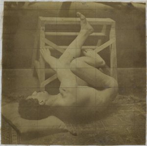 Study of a Male Nude Model, Lying with Legs Raised Against a Step, in the Studio of Jacques de Lalaing by Jacques Lalaing (attributed to)