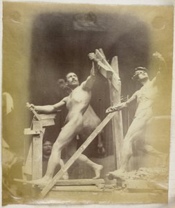 Study of a Male Nude Model with Hand on a Structure, Seen from the Side and Next to a Plaster Model in the Same Pose, in the Studio of Jacques de Lalaing by Jacques Lalaing (attributed to)