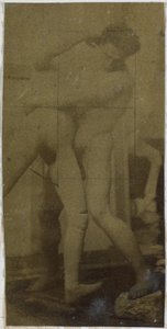 Study of a male nude model, standing and wrestling with mannequin, in the studio of Jacques de Lalaing, possibly preliminary study for the painting The Wrestlers