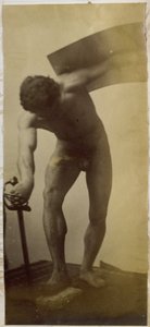 Study of a male nude model, standing bent with sword and shield in hands, in the studio of Jacques de Lalaing by Jacques Lalaing (attributed to)