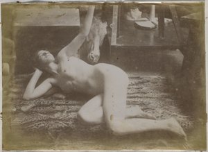 Study of a Female Nude Model, Lying on a Tiger Skin, in the Studio of Jacques de Lalaing by Jacques Lalaing (attributed to)