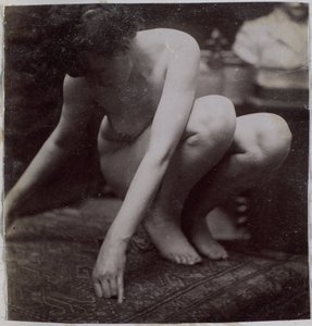Study of a female nude model, seen from the front, in the studio of Jacques de Lalaing, preliminary study for element for a fountain in Musee des Beaux arts, Tournai and for circular fountain by Jacques Lalaing (attributed to)