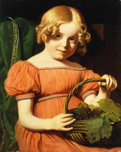Portrait of Louisa Booth, Seated Half Length, in a Coral Pink Dress Trimmed with a Blue Braid Holding a Basket of Grapes