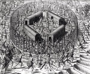 Johannes Staden Helps to Defend the Indians Who Captured Him Against the Tuppin Tkins, engraved by Theodore de Bry (1528-98), from 