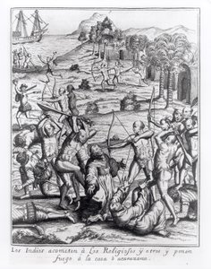 The Indians Attacking the Priests and Others and Setting Fire to Their Houses, engraving from 