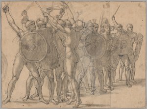 Nude Soldiers Gesticulating with Their Weapons (recto); Two Drapery Studies for the Figure of Tatius (verso)