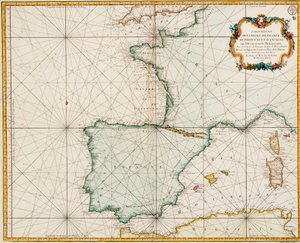 Chart of western Europe showing Paris meridian as the Prime by Jacques Nicolas Bellin