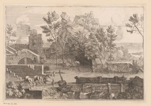Landscape with Lake and Three Bathing Women by Jacques Prou