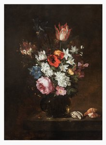 A Rose, Tulip, Iris, Poppies, Honeysuckle, and Other Flowers in a Glass Vase with Seashells on a Ledge by Jacques de Claeuw