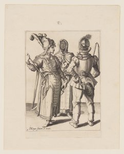 A Grandee in Eastern Dress, a Man with a Cock Attached to His Belt and a Veiled Woman Playing the Rumbling-Pot, from The Masquerades