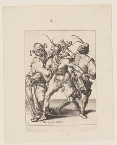 Three Dancing Mummers including a Jester, from The Masquerades by Jacques de Gheyn II