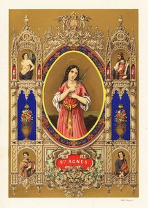 Portrait of Saint Agnes of Rome, Virgin Martyr, with Halo and Palm Frond within Decorative Border