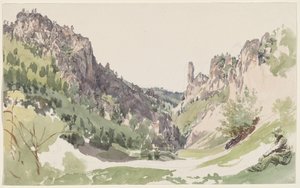 A Seated Man Contemplating a Sunlit Mountain Valley by Jakob Alt