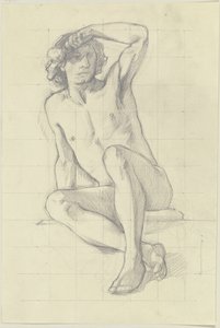 Seated Male Nude, Shading Eyes with Left Hand by Jakob Becker