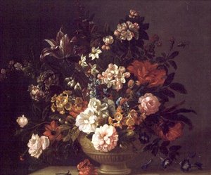 Roses, Tulips and Other Flowers in an Urn on a Ledge by Jakob Bogdani or Bogdany