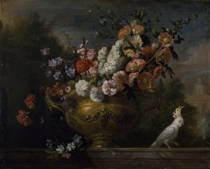 Still life with flowers in an urn, with a cockatoo, on a ledge, c.1699 by Jakob Bogdani or Bogdany