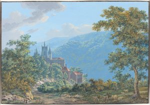 A Fortress in a Mountain Landscape at Sunrise