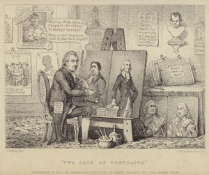 Two Pair of Portraits: anti-Whig cartoon depicting John Henry Tooke with portraits of Charles James Fox personifying vice and William Pitt the Younger representing virtue by James (after) Gillray
