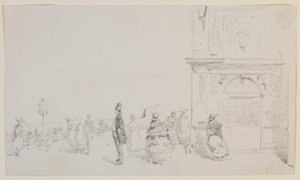 A group of figures on an esplanade