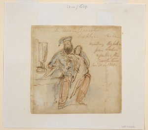 General Avitabile seated at a table reading, with a woman on his knee, possibly his favourite, Begum Peri by James Atkinson