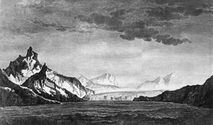 Landscape of Possession Bay on South Georgia island, illustration from Voyage towards South Pole, and Round World, by James Cook
