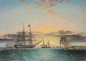 The U.S.S. Ohio Under Tow in the Lower Bay, New York with a View of Fort Hamilton