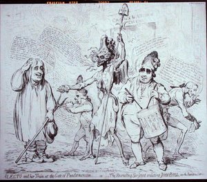 Alecto and her Train at the Gate of Pandemonium, or The Recruiting Serjeant enlisting John Bull into the Revolution Service, published by S.W. Fores in 1791 by James Gillray