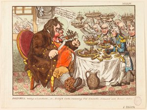 John Bull Taking a Luncheon: or British Cooks, Cramming Old Grumble-Gizzard with Good Cheer by James Gillray