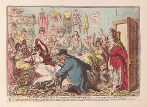 The Man of Feeling in Search of Indispensibles; a Scene at the Little French Milliners by James Gillray