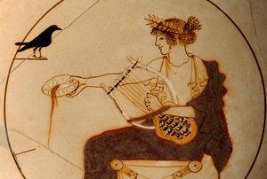 Apollo depicted on a cup pouring a libation as a crow looks on. Delphi Archaeological Museum