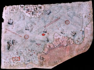 The map of Piri Reis Haritasi completed in 1513. TOPKAPI PALACE MUSEUM, ISTANBUL, TURKEY.