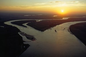 Twilight aerial view of the confluence of the Ohio and Mississippi Rivers, Cairo, Illinois by James L Stanfield