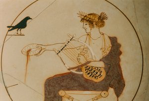 White-ground kylix decorated with a representation of Apollo by James L Stanfield