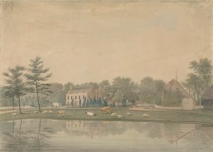 North East View of a House at Ringmer with Cattle and Sheep by a Pond by James Lambert  of Lewes