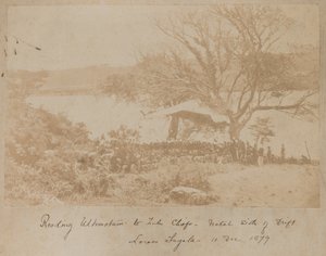 The reading of an ultimatum to Zulu chiefs on Natal side of Drift Lower Tugela, 11 December 1878 by James Lloyd