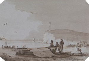 Coastal Scene with Figures, Boats, Lighthouse, etc.