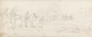 Coursing, a group of riders galloping from left after a couple of greyhounds