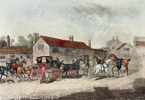 The Mail Coach Changing Horses, Engraved by R. Havell, 1815