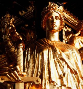 Justice, one of the four cardinal virtues from the canopy tower of the Albert Memorial, completed in 1876 by James Redfern