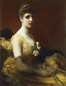 Portrait of Lady Dixon of Rheda, three-quarter length, seated wearing a Yellow Dress with Flowers holding a Fan by James Sant