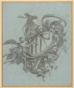 A coat of arms with a horn and three chains held up by an angel and two putti by James Thornhill